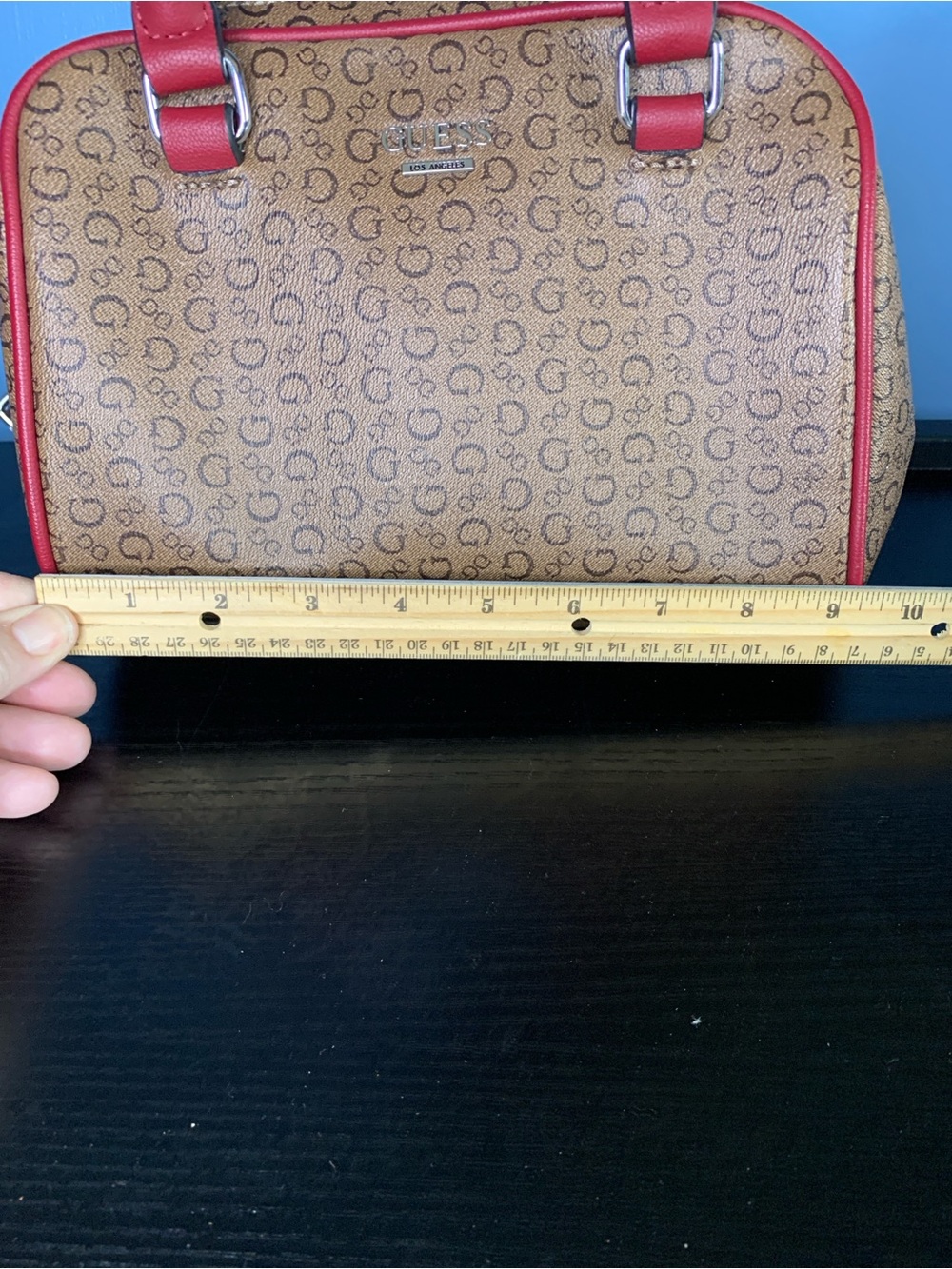Guess Brown Monogram Satchel with Red Trim and Strap - Picture 4 of 7